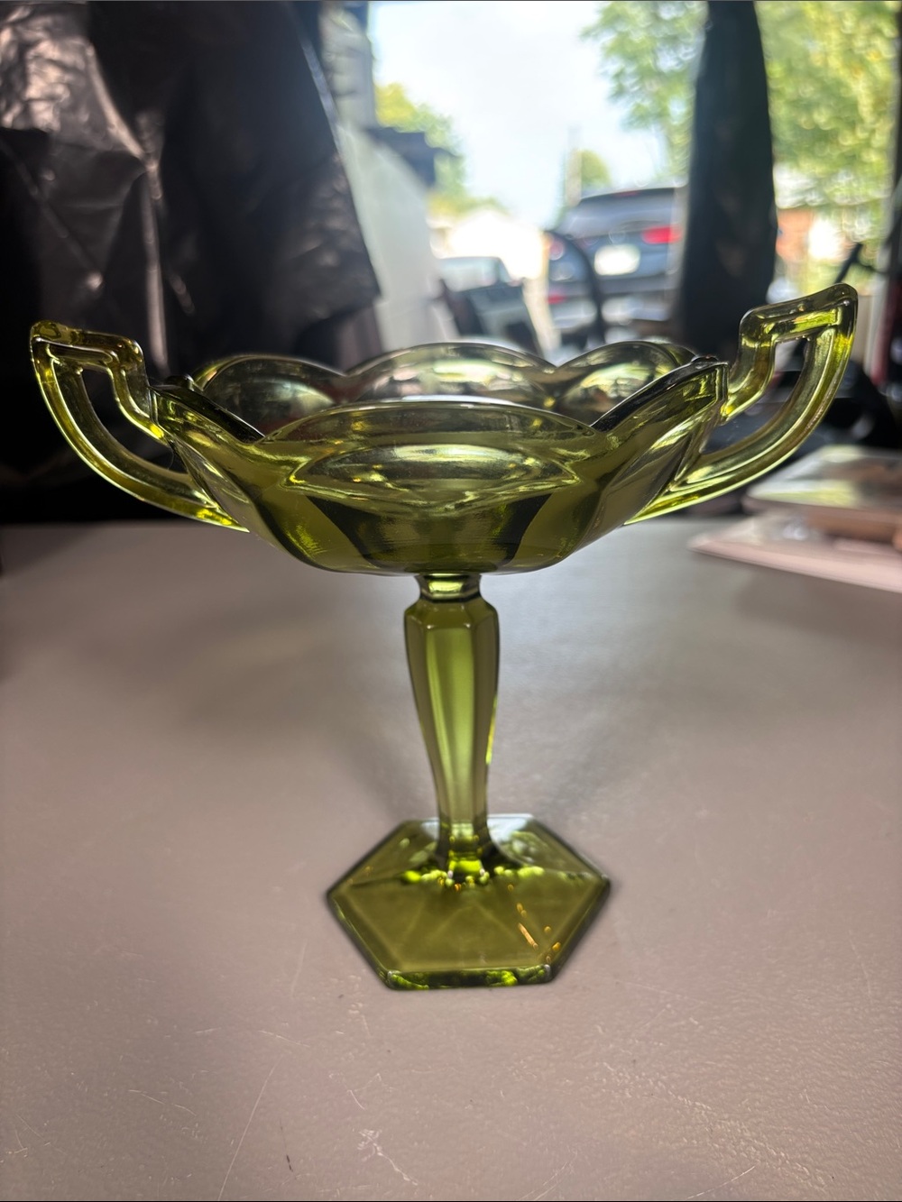 Vintage Olive Green Glass Pedestal Compote Double Handle MCM Footed Bowl